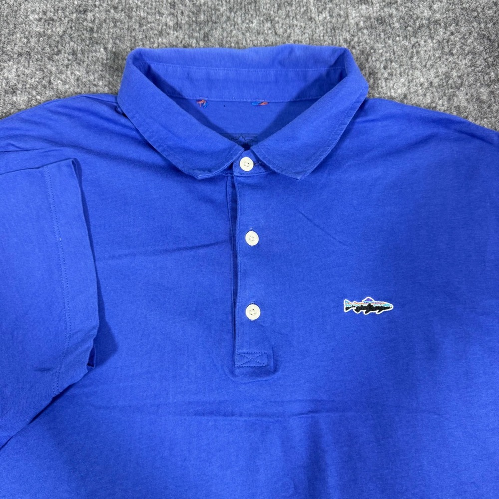 Patagonia Fitz Roy Trout Polo Shirt Mens L Blue Short Sleeve Organic Cotton EUC